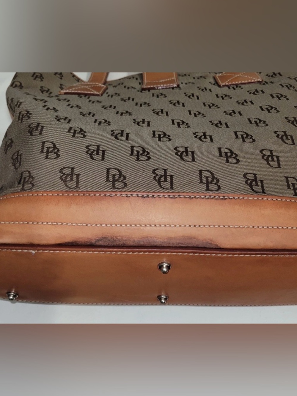 Vintage Dooney & Bourke Brown Canvas Monogram Tote Bag Tan Leather Trim - Picture 12 of 16